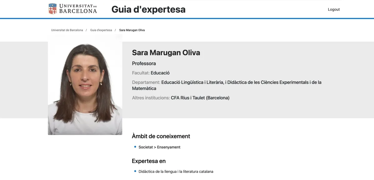 Fitxa de Sara Marugan Oliva a la Guia d'expertesa de la Universitat de Barcelona, amb la seva expertesa en didàctica de la llengua i la literatura catalana